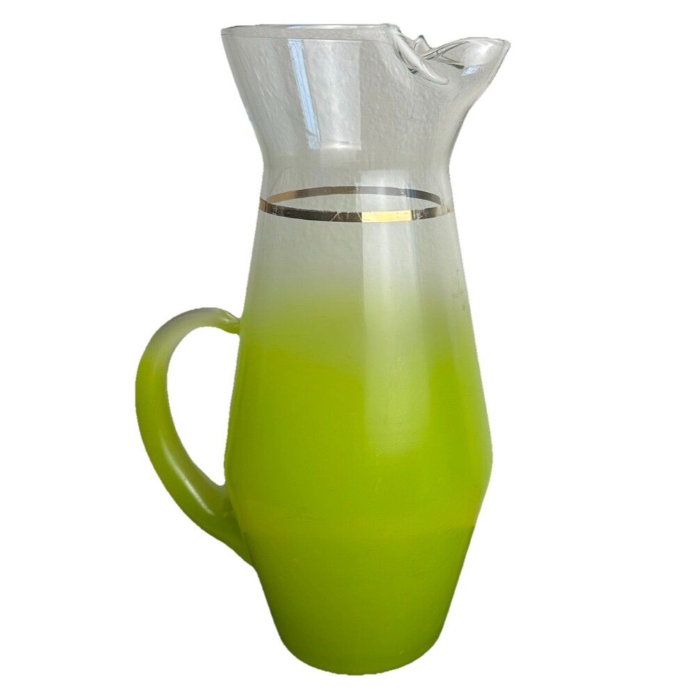 Vintage Blendo Lime Green Frosted Glass Pitcher 9" Gold Band MCM West Virginia